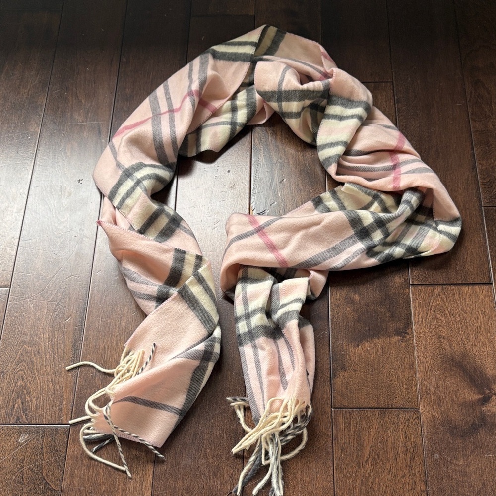Like new Soft Pink Plaid Fringe Scarf - Women Accessories approx 70” long
